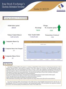 Read more about the article Issue number 39 of (Iraq Stock Exchange’s Electronic Information weekly Newsletter)