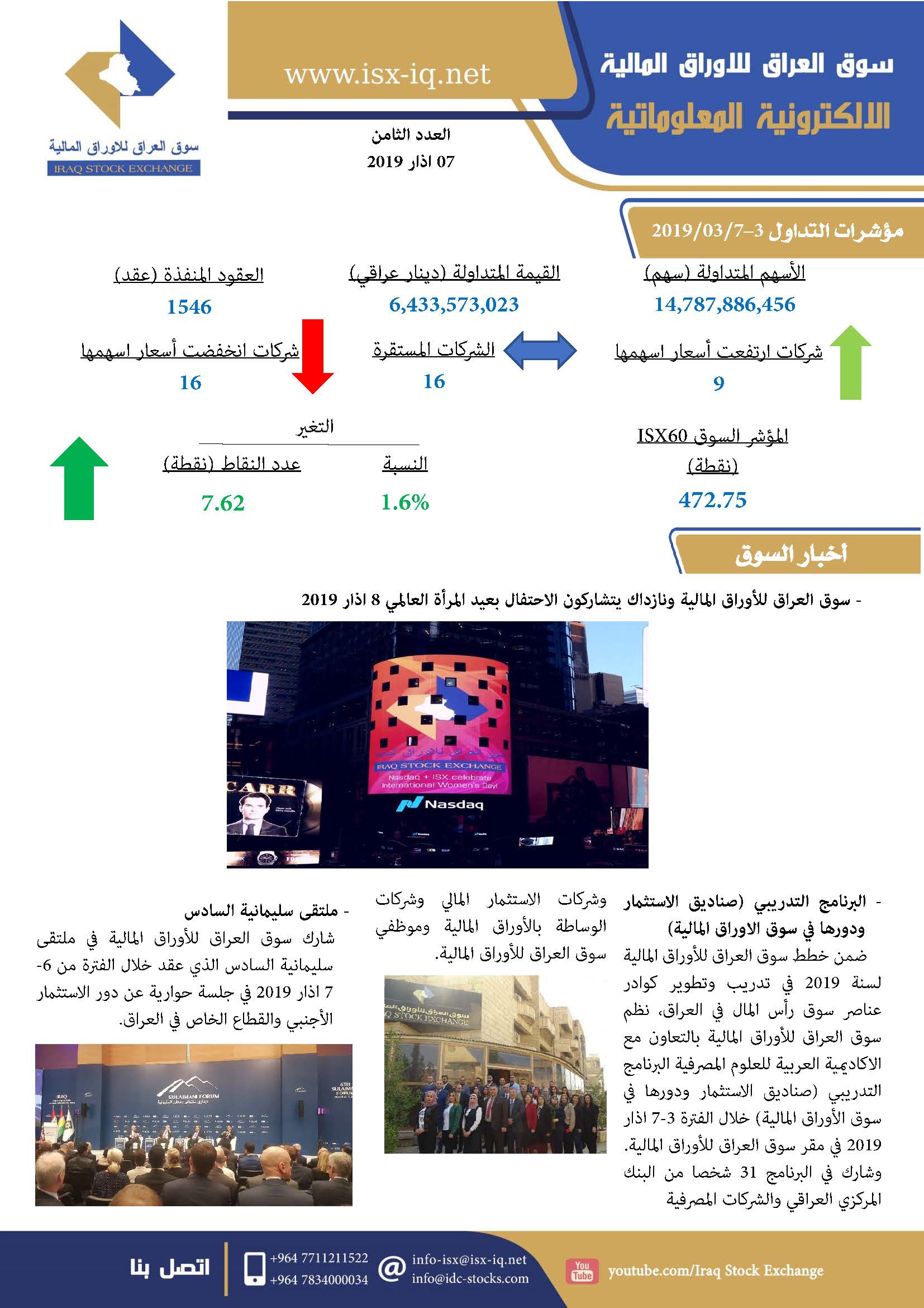Read more about the article العدد الثامن لعام 2019 من جريدة سوق العراق للأوراق المالية الالكترونية المعلوماتية